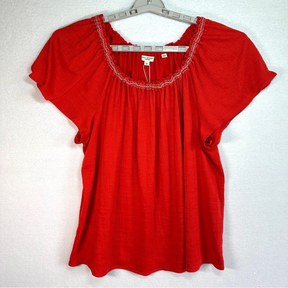 Max Studio London Flowy Top Womens 2X Orange Boho Stretchy Flutter Sleeves New